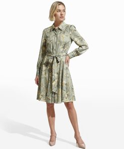 Floral Print Long Sleeve Shirt Dress with Tie Waist