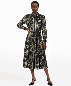 Button-Down Floral Midi Shirt Dress with Tie Belt