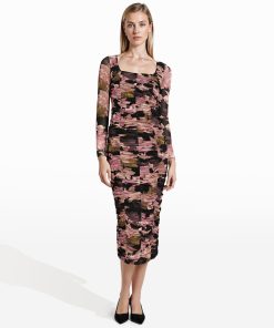 Ruched Floral Long Sleeve Midi Dress