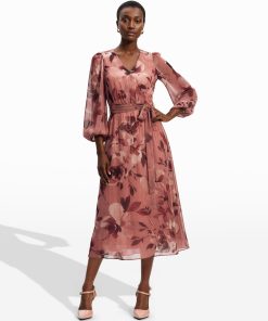 Three Quarter Sleeve Floral Chiffon Midi Dress
