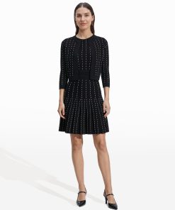 Pinstripe Knit Dress with Pleated Skirt