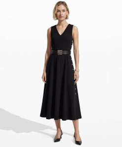 Side Button Midi Length Fit And Flare Dress
