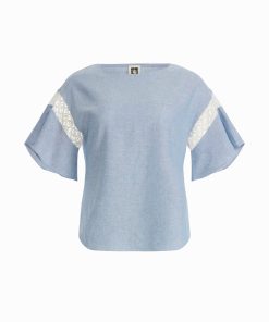 Flutter Short Sleeve Bateau Neck Blouse with Lace Trim