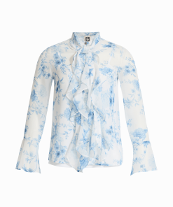 Petite Long Sleeve Blouse with Ruffle Tie Neck